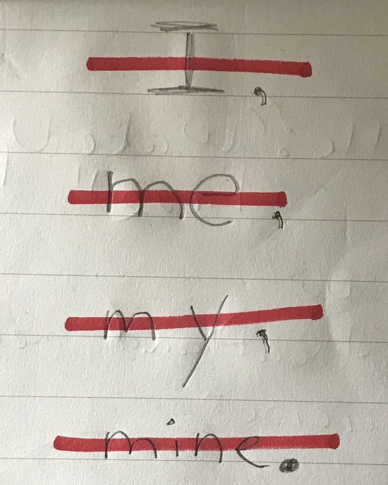 The words I, me, my and mine written in pencil on lined paper, each struck through with a red line.