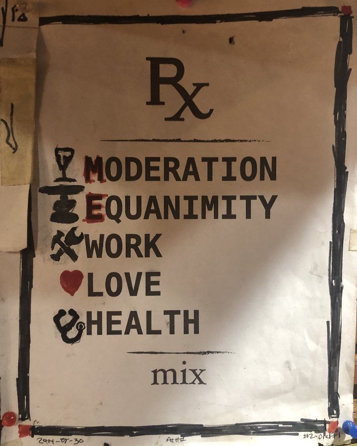 A lettered print: Rx, then Moderation, Equanimity, Work, Love and Health, each beside a small drawn icon, then mix.